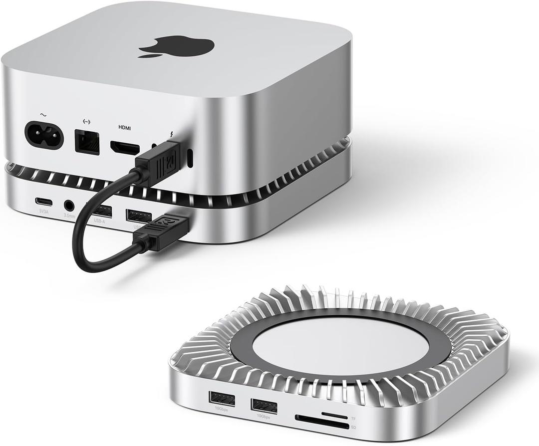 Raycue Mac mini M4 Dock & Stand with 8T NVMe SSD Enclosure, 2 USB A 10Gbps,10G USB C Data Port, 5G USB A*2, USB-C Charge, SD/TF, Audio for Mac mini M4/ M4 Pro (Silver)