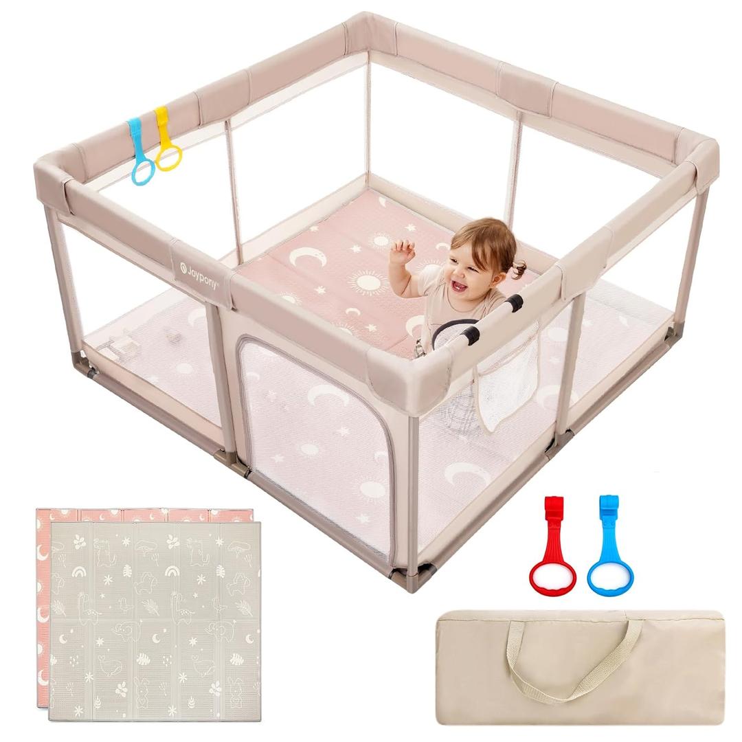 Baby Playpen with Mat, 50x50 in Small Play Pen for Babies, Toddler Playpen for Apartment, Indoors Play Yard with Soft Breathable Mesh (Beige with Mat)