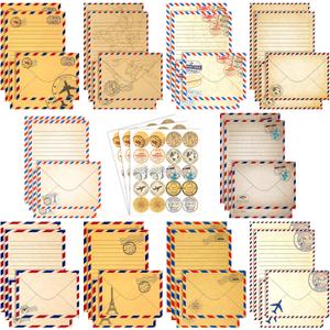 TaoBary 160 Pcs Stationery Paper Set 50 Double Sided Stationery Papers with 50 Matching Envelopes and 60 Round Dot Sticker, 10 Design(Vintage Airmail,5.5 x 8.25 Inch)