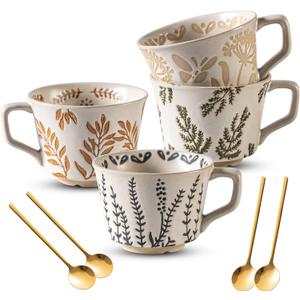 Ceramic Mugs 11 oz Unique Luxurious Cups Set of 4 with Premium Spoon, Mug for Coffee Milk Latte Cappuccino Tea, for Office Home Dishwasher Birthday Gift Microwave Freezer Safe Stoneware Mixed