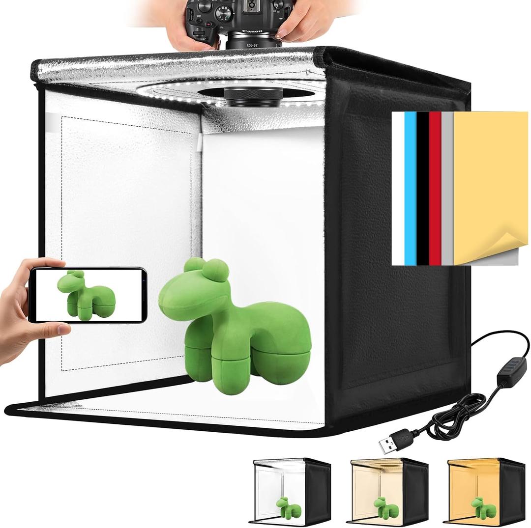 Photo Light Box, 12 Inch Photography Light Box with CRI>95 120 Light Beads. Dimmable Shooting Tent Kit with White and Warm Light. 6 Color Backdrops Photo Booth for Studio Products Display 12" x 12" x 12" 