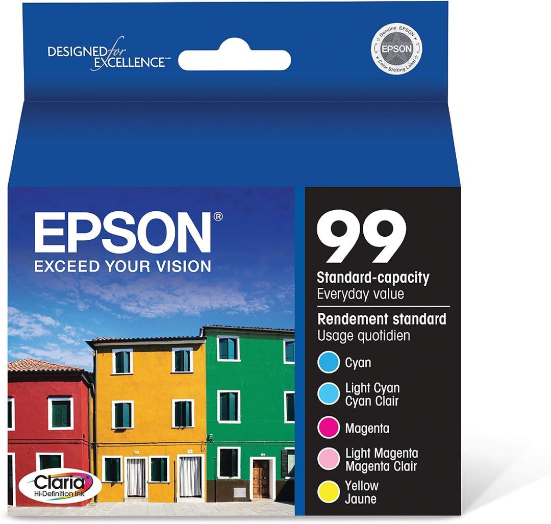 EPSON 99 Claria Hi-Definition Ink Standard Capacity 5 Color Cartridge Combo Pack (T099920-S) Works with Artisan-700, 710, 725, 730, 800, 810, 835, 837