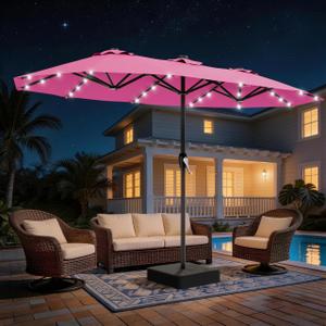 AreShark 15FT Patio Umbrella with Solar Lights, Double Sided Outdoor Table Umbrellas with Crank, Large Rectangular Market Umbrella for Porch, Lawn, Pool, Backyard, Rose Pink