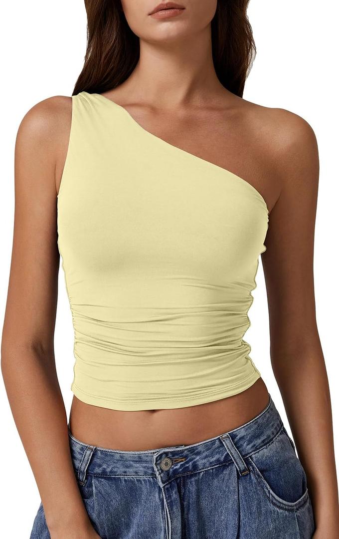 QINSEN Women's One Shoulder Tank Tops Double Lined Sleeveless Slim Fit Cropped Tee Shirt Y2k Tops (Light Yellow)