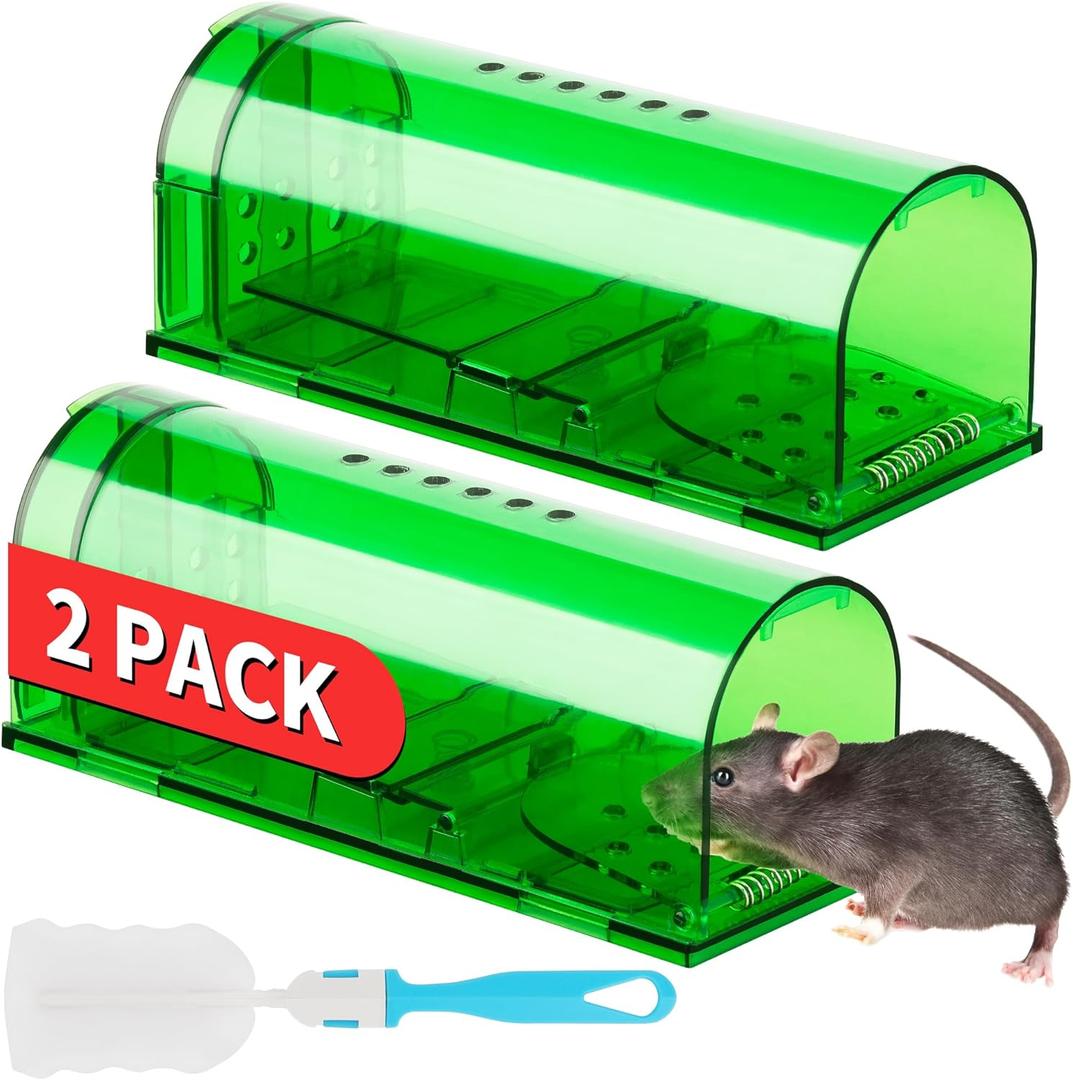 LULUCATCH Humane Mouse Traps 2 Pack | Live No Touch Catch and Release No Kill Rodent Traps | Reusable with Cleaning Brush | Pet Safe Indoor Outdoor Rodent Control for Mice, Rats, Chipmunks, Voles