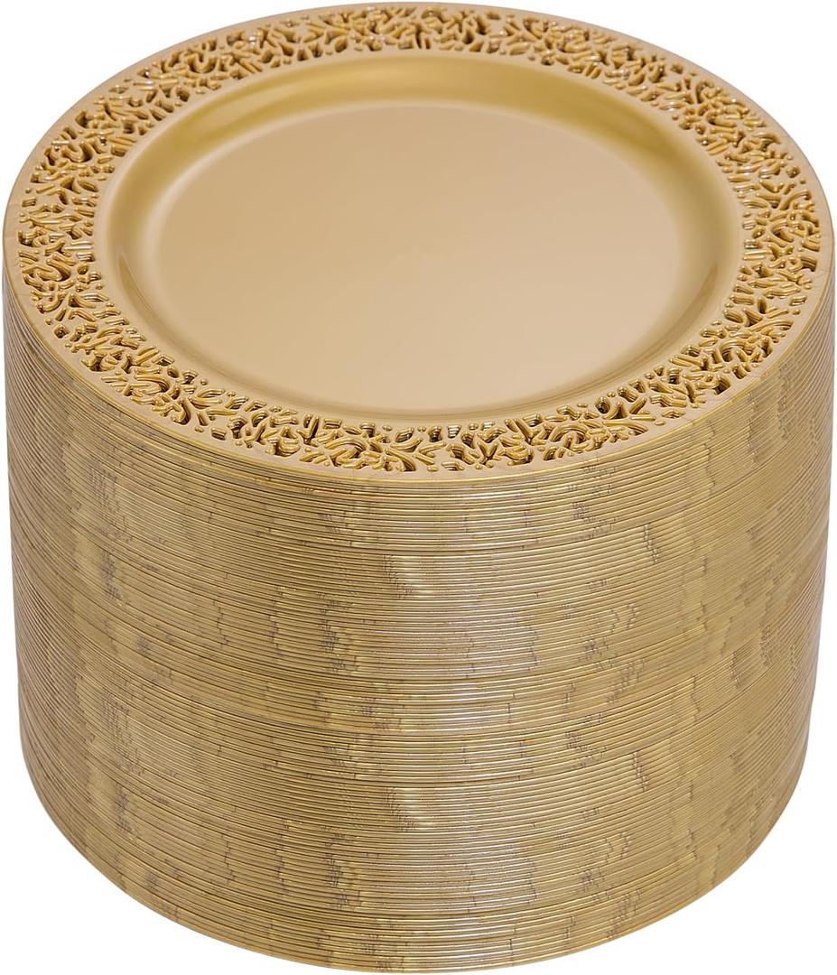 I00000 102PCS Brown Gold Dessert Plates 7.5, Plastic Salad Plates with Lace Design, Gold Disposable Plates Ideal for Weddings, Appetizer and Any Occasions