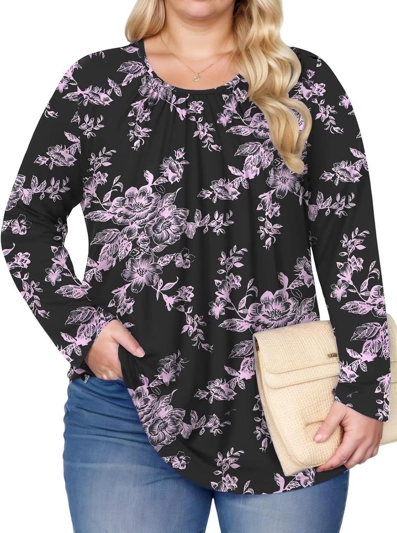 DOLNINE Plus-Size-Tops for Women Casual Crewneck Shirts Basic Long Sleeve Tee Tunics Trendy Pleated Blouses (XX-Large)