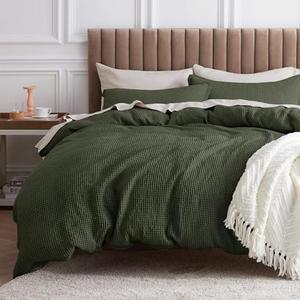Bedsure Cotton Duvet Cover Queen - 100% Cotton Waffle Weave Olive Green Duvet Cover Queen Size, GentleSoft™ and Breathable Bedding Set for All Season, 3 Pieces, 90"x90"