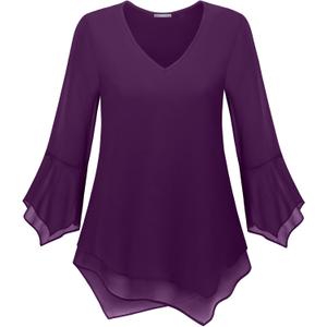 Furnex Blouses for Women Dressy Casual 3/4 Ruffle Sleeve V Neck Chiffon Double Layers Business Casual Tops for Women (Large, Deep Purple)