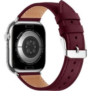 Bestig Leather Bands Compatible with Apple Watch Band 38mm 40mm 41mm 42mm(Series 10 11) for Women Men, Wristband Strap for iWatch SE3/2/1&Series 9 8 7 6 5 4 3 2 1 (Wine+Silver)