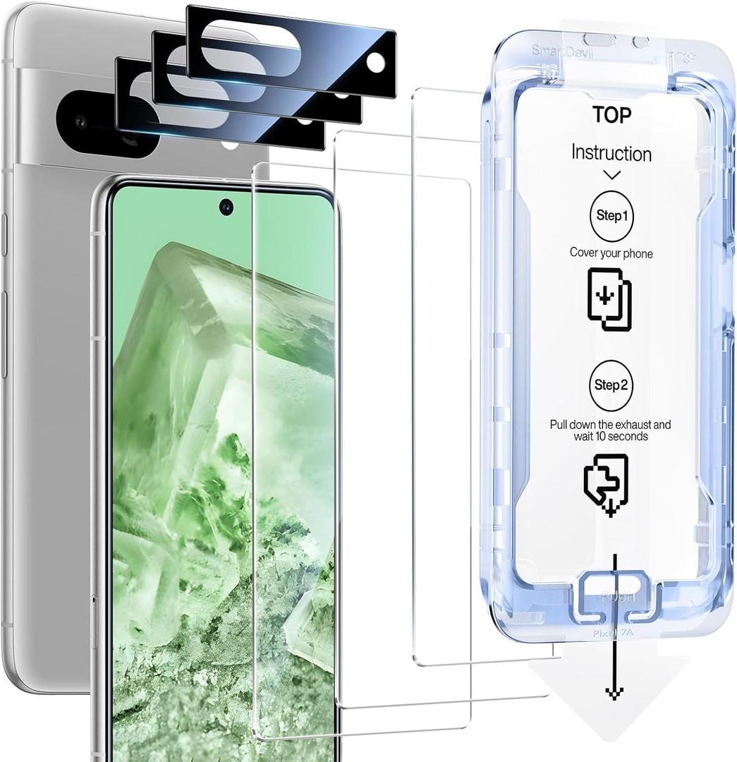 SMARTDEVIL [3+3 Pack] for Google Pixel 8 Screen Protector with Camera Lens Protector, Finger Print Reader Compatible, Fast & Easy Installation, Clear 9H Tempered Glass Film, Alignment Frame