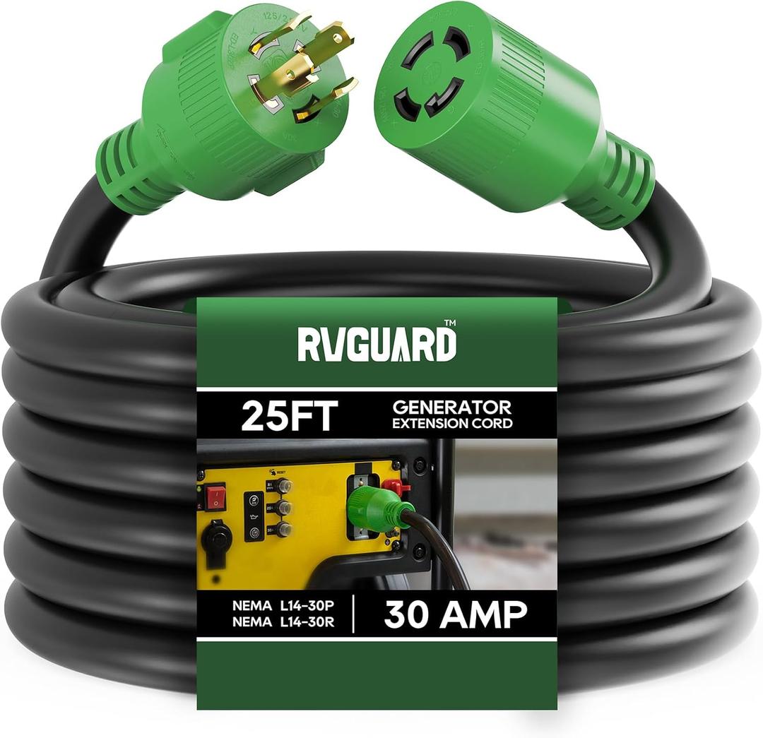 RVGUARD 4 Prong 30 Amp 25 Foot Generator Extension Cord, NEMA L14-30P/L14-30R, 125/250V Up to 7500W 10 Gauge SJTW Generator Cord with Cord Organizer, ETL Listed RVGUARD 4 Prong 30 Amp 25 Foot Generator Extension Cord, NEMA L14-30P/L14-30R, 125/250V Up to 7500W 10 Gauge SJTW Generator Cord with Cord Organizer, ETL Listed