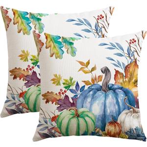 2 x Artscope Fall Decorative Throw Pillow Covers 18x18 Inch Set of 2, Watercolor Pumpkin Fallen Leaves Outdoor Farmhouse Pillow Cases for Home Sofa Couch-Blue