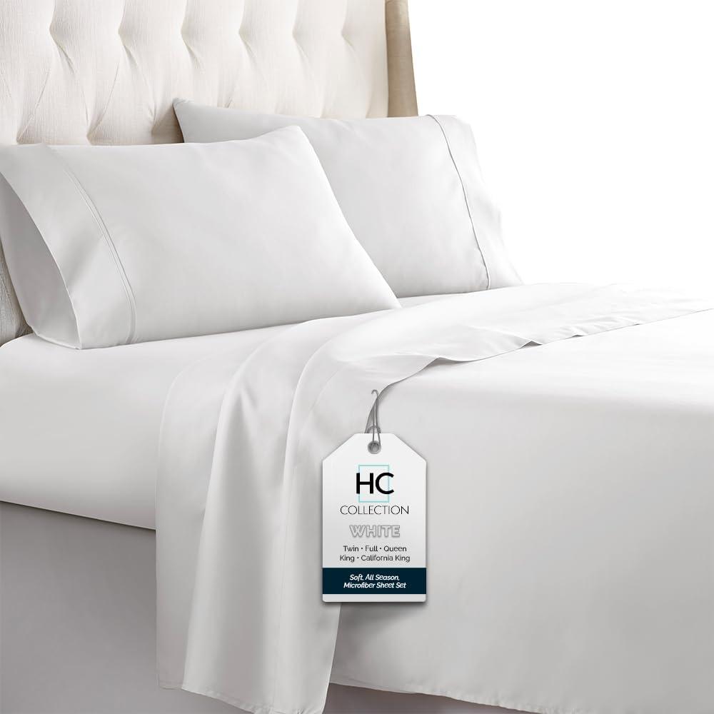 HC COLLECTION Bed Sheets Set King with 2 Pillowcases, Hotel Luxury Platinum 1800 Series Brushed Microfiber Sheet w/Deep Pocket, Ultra Soft Lightweight 4 Pcs Linen Bedding for Hot Sleepers, White