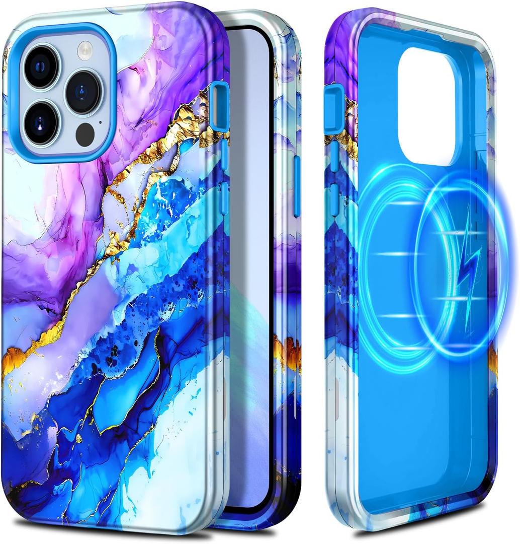 Casetego for iPhone 13 Pro Max Case,Compatible with MagSafe,[Military Grade Drop Test] Full Body Protection Slim Shockproof Rugged Marble Women Girls Case for iPhone 13 Pro Max 6.7 inch,Azure Blue