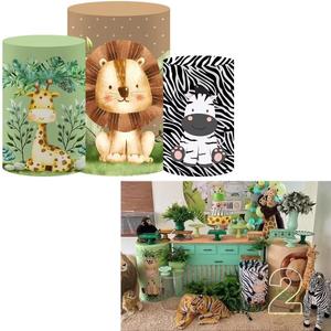 Cartoon Lion Spandex Round Cylinder Fabric Table Covers Boys Jungle Wild Birthday Party Decorations Pedestal Stand Tablecloth Cover Baby Shower Banquets Parties(Fit for D16''xH36'' Tables)