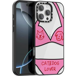 for iPhone 16 Pro Max Case TPU+PC Premium Colorful Drop Protection Case Excellent Shock Absorption Military Grade Drop Protection Pink Playful Cat Dog Bikini Pattern Phone case