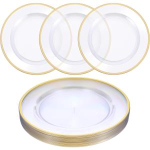 25 Pack 12 Inch Gold Charger Plates, Clear Charger Plates with Gold Trim, Disposable Plastic Charging Plate Bulk for Dinner, Wedding, Party, Event Decoration