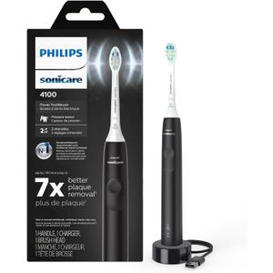 Philips Sonicare 4100 Rechargeable Electric Toothbrush, with Pressure Sensor, 2 Intensity Settings, SmarTimer and QuadPacer, 14-Day Battery Life, Black, Model HX3681/24