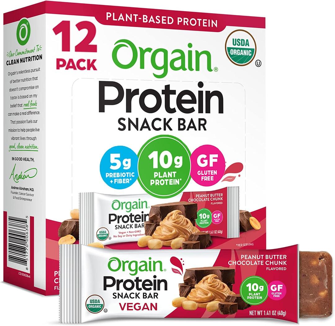 Orgain Organic Vegan Protein Bars, Peanut Butter Chocolate Chunk - 10g Plant Based Protein, Low Calorie Healthy Snacks, No Lactose or Soy Ingredients, Gluten Free, Non-GMO - 1.41 Oz (Pack of 12) (EXP 05/08/27)