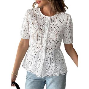 GORGLITTER Women's Eyelet Babydoll Shirts Button Down Lace Embroidered Short Sleeve Boho Dressy Peplum Blouses Top M