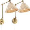 WINGBO Wall Sconce Rattan Wrapped Wall Lamp, Adjustable Swing Arm Wall Light Gold Vintage Bedside Light Fixture Wicker Handmade Shade Brass Reading Light Plug in or Hardwire (2 Pack)