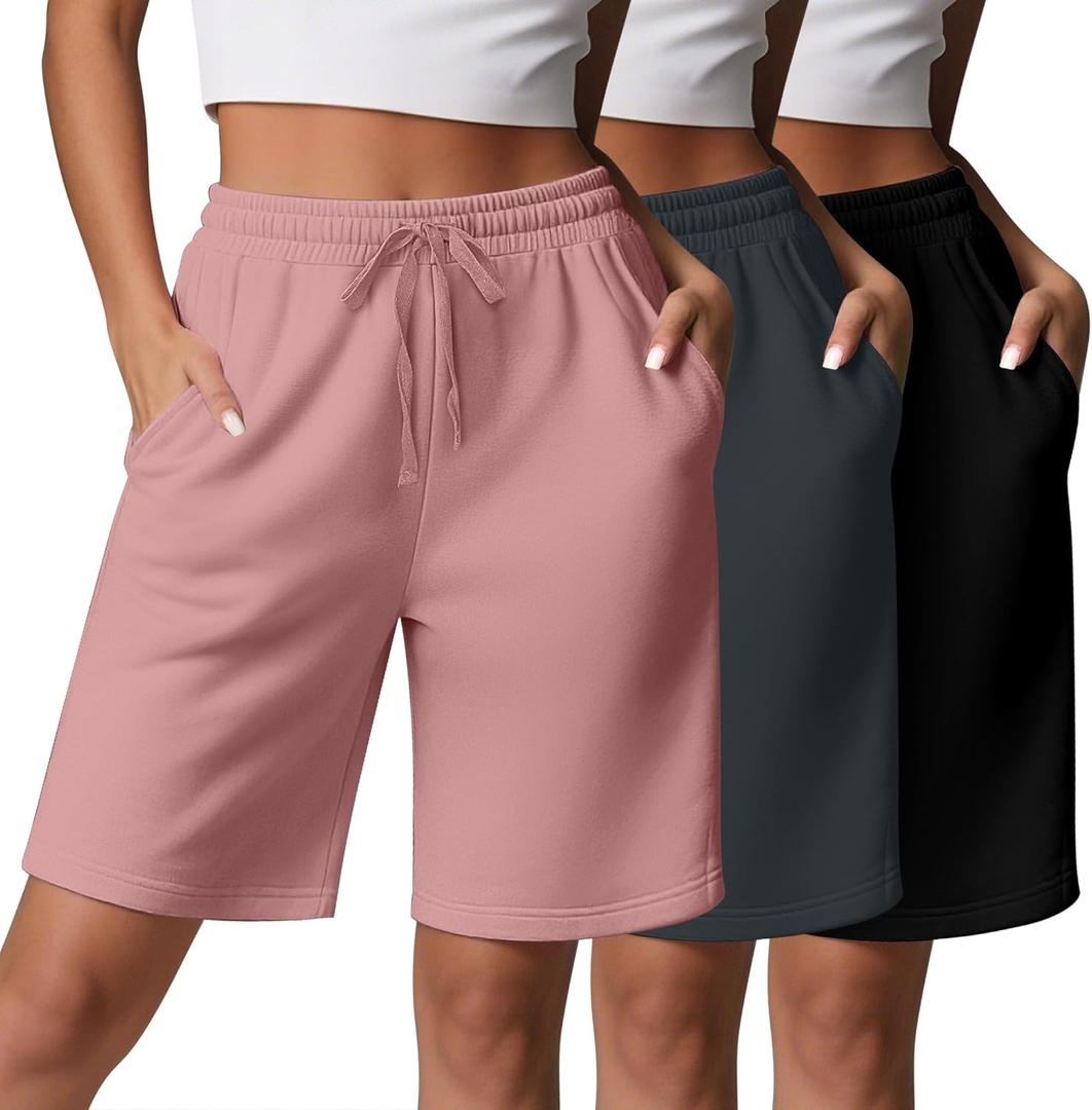 3 Pcs Women Quick Dry Shorts High Waisted Bermuda Shorts for Yoga Athletic Drawstring with Pocket (Small, Black, Dark Gray, Pink)