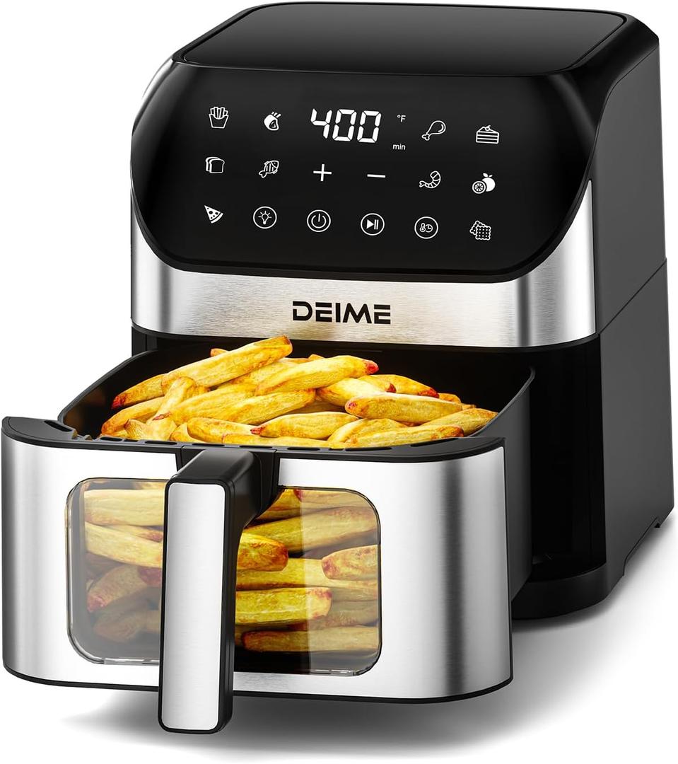DEIME Air Fryer 6.2 QT Oilless 1500W Large Capacity Oven Air Fryers Healthy Cooker with 10 Preset, Visual Cooking Window, Non-Stick Basket, Included Recipe (Silver-W)