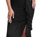 EYNMIN Women's Ruched Bodycon Midi Dresses Twist Strap Crew Neck Mesh Ruffle Split Cocktail Party Dress Black, L