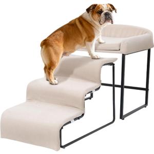 Dog Steps with Beside Pet Bed Set for Bed Window Sofa Dog Window Perch with Stairs for Small Pets Pet Steps and Window Perch with Sturdy Metal Frame and Soft Cushion for Small Dogs (with Pet Bed)