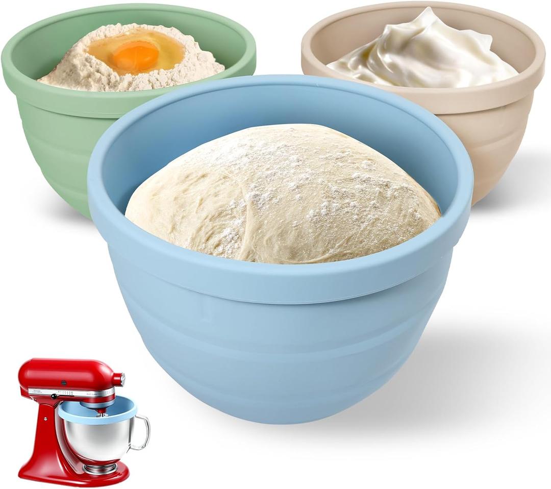 Forenee Collapsible Silicone Liners for KitchenAid Tilt-Head 5 Qt Mixers, 3-Pack Bowl Insert Aid Set with Lids, No More Mixer Bowls Needed for Easy Baking (Blue,Green,Beige)