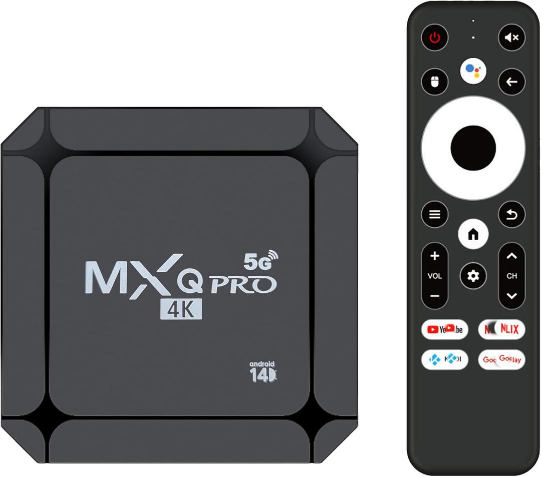 MXQ Pro 5G Android 14.0 TV Box 2025 Upgraded Ram 2GB ROM 16GB Dual Band 2.4G/5.8GHz WiFi6 BT5.0 4K AV1 USB 3.0 Ultra HD Voice Control Smart Home Player