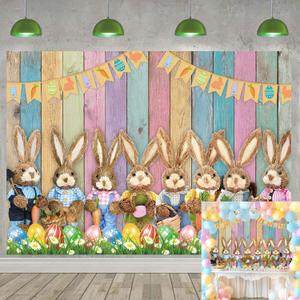 Easter Backdrop Colorful Wood Photography Backdrop Rabbit Eggs Grass Spring Background Banner Easter Party Decoration Kids Birthday Baby Shower Photo Booth Props (8X6FT)