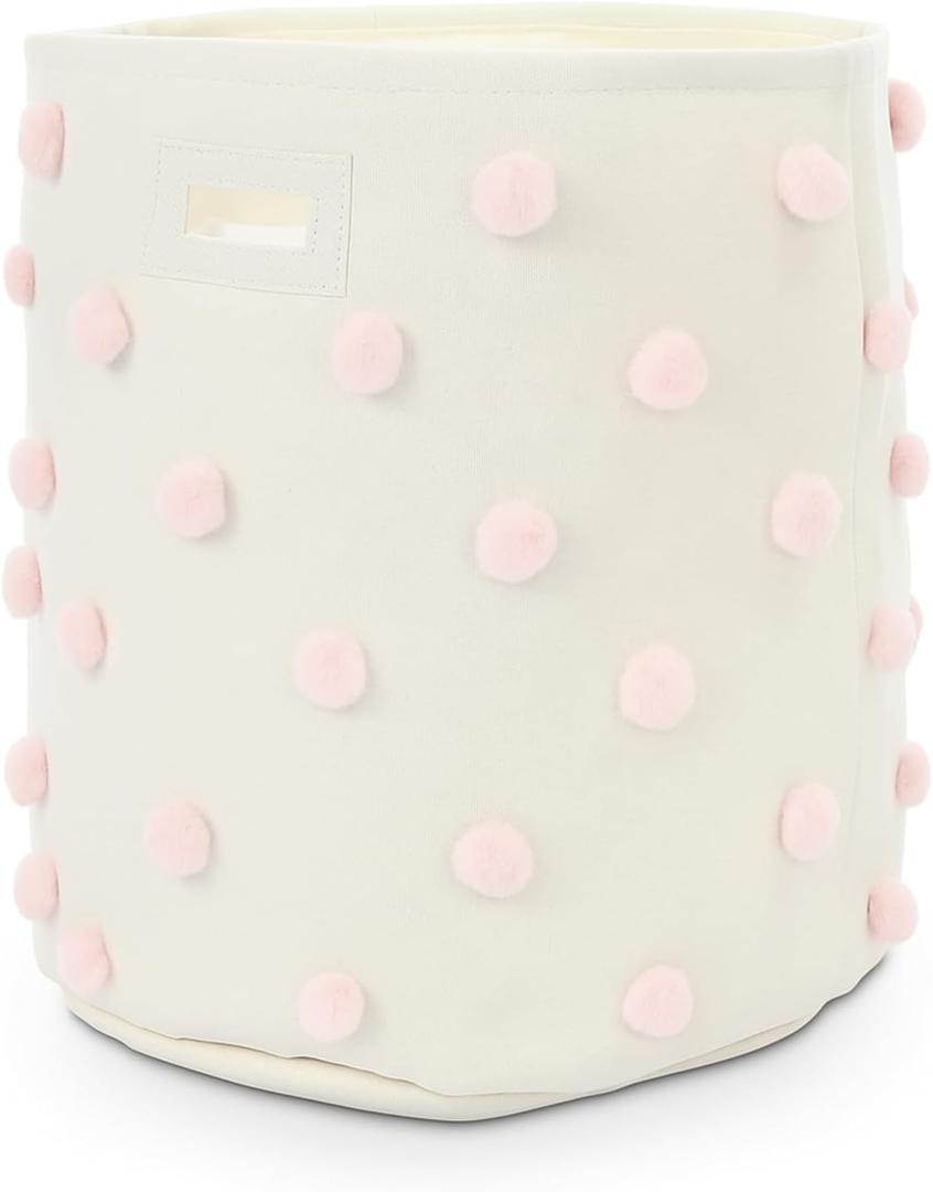 Sunnymove Pink 17.5" D x 20.8" H Pom Pom Basket Bin Large Cotton Canvas Laundry Hamper Baby Girl Laundry Basket Storage, Baby Nursery Hamper for Nursery Playroom Home Room Organizer Decor