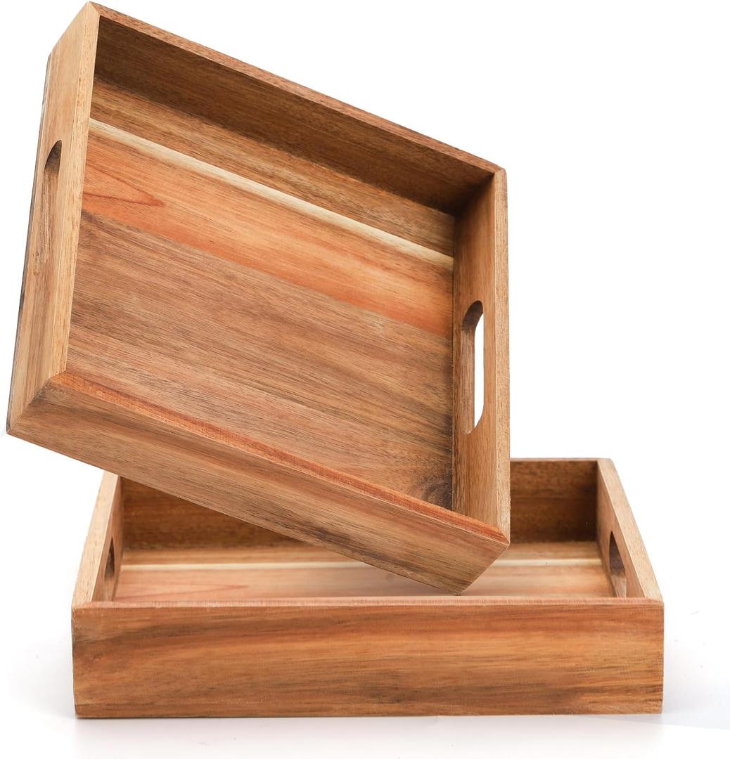 YOUEON Set of 2 Acacia Wood Serving Tray with Handles, 10x10x2 Inch Decorative Serving Trays for Food, Ottoman Tray, Square Coffee Table Trays for Dinner, Coffee, Wine, Appetizer