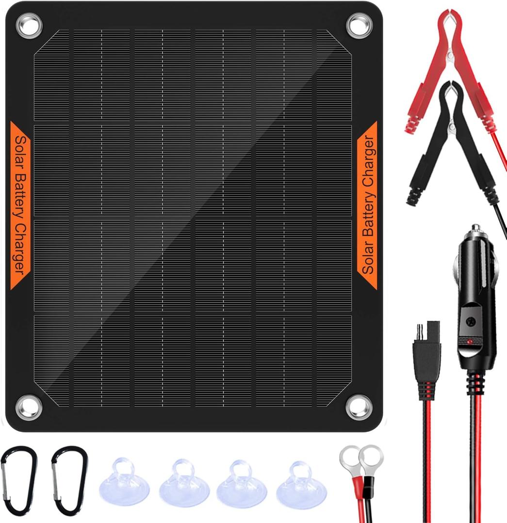 OYMSAE 5W 12V Solar Car Battery Charger Portable Waterproof Solar Power Battery Charger & maintainer with Trickle Cigarette Lighter Plug & Alligator Clip (Black)
