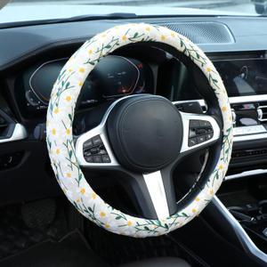 Embroidered Flowers White Cute Daisy Steering Wheel Cover Auto Anti-Slip Breathable Rubber Steering Wheel Protector,Floral Car Accessories for Women,Universal Size Fit Most Cars -15 inch