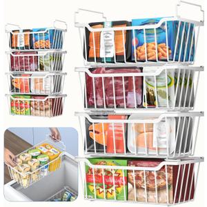 Goovilla Freezer Organizer Bins with Foldable Handle, 8 Pack Stackable Freezer Baskets for 3.5-7 Cu.FT Deep Chest Freezer Organization, White Metal Freezer Storage Bins with Better Space Utilization