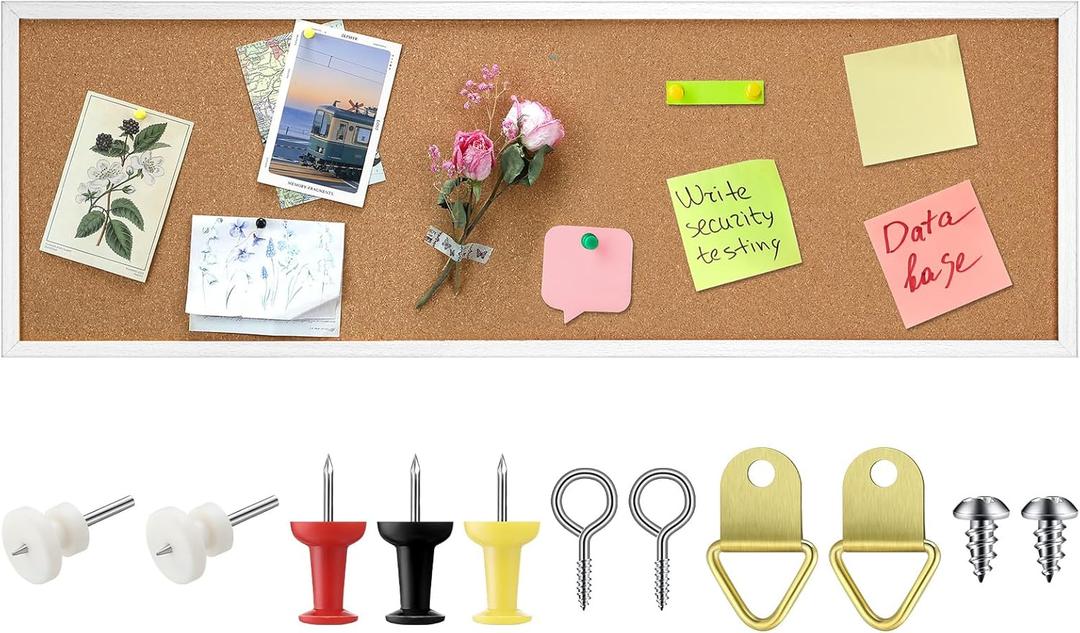 DoubleFill 12'' x 36'' Cork Bulletin Board Framed Large Wall Mounted Corkboard with Installation Kit, Push Pins for Home and Office Decor, School Message or Vision Background(White)