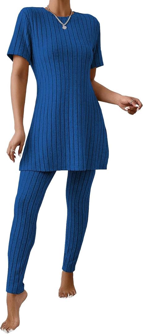 PINSV Womens 2 Piece Outfits Casual Sets Short Sleeve Top and Pants Lounge Sets Tracksuit, S