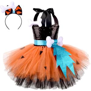 Kids Girls Caveman Costume Historical Stone Age Tutu Dress with Headband Halloween Birthday Party Cosplay Dress up (11-12 Years, Black)