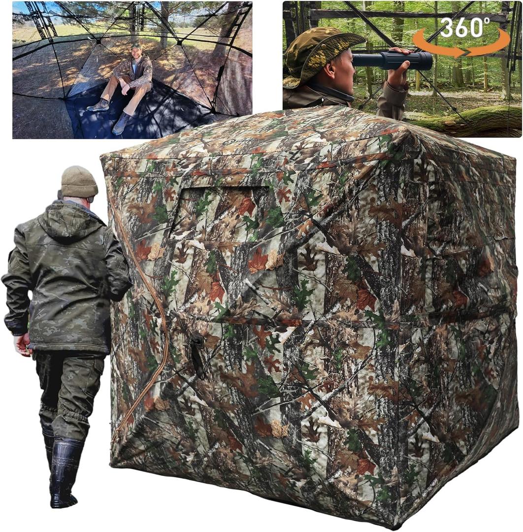 Hunting Blind with Floor Mat, 360 Degree See Through Ground Blind with Carrying Bag, 2/3/4 Person Pop Up Camouflage Tent Portable Concealed Shelter