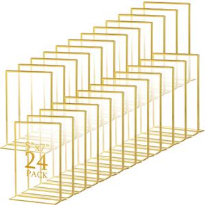 Hoteam 24 Pack Gold Acrylic Sign Holders, Gold Picture Frame, Clear Wedding Table Number Double Sided Acrylic Stand for Wedding Restaurant Photo Menu Art Event Display (5 x 7 Inch,Vertical)