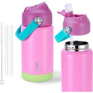 Kids Insulated Water Bottle with Straw Lid & Silicone Handle,12oz Kids Leak Proof Water Bottle for School Boys Girls,Double Wall Vacuum Stainless Steel with Non-slip Silicone Base(Pink)