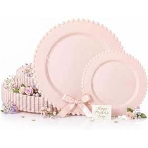 U-QE 60PCS Pink Plastic Plates - Heavy Duty Beaded Pink Disposable Plates for Mothers Day, Party, Baby Shower, Wedding - Serving 30 Guests Include 30PCS 10inch Dinner Plate & 30PCS 7inch Dessert Plate