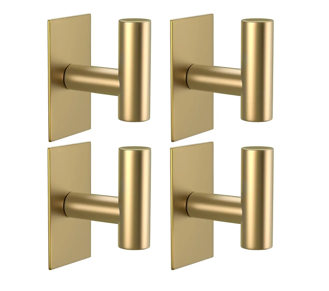 VAEHOLD Wall Towel Hooks, Heavy Duty Sticky Holder Waterproof Towel Hooks for Hanging Coat, Clothes, Closet Hook Wall Mount for Kitchen (Gold, 4 Pack)