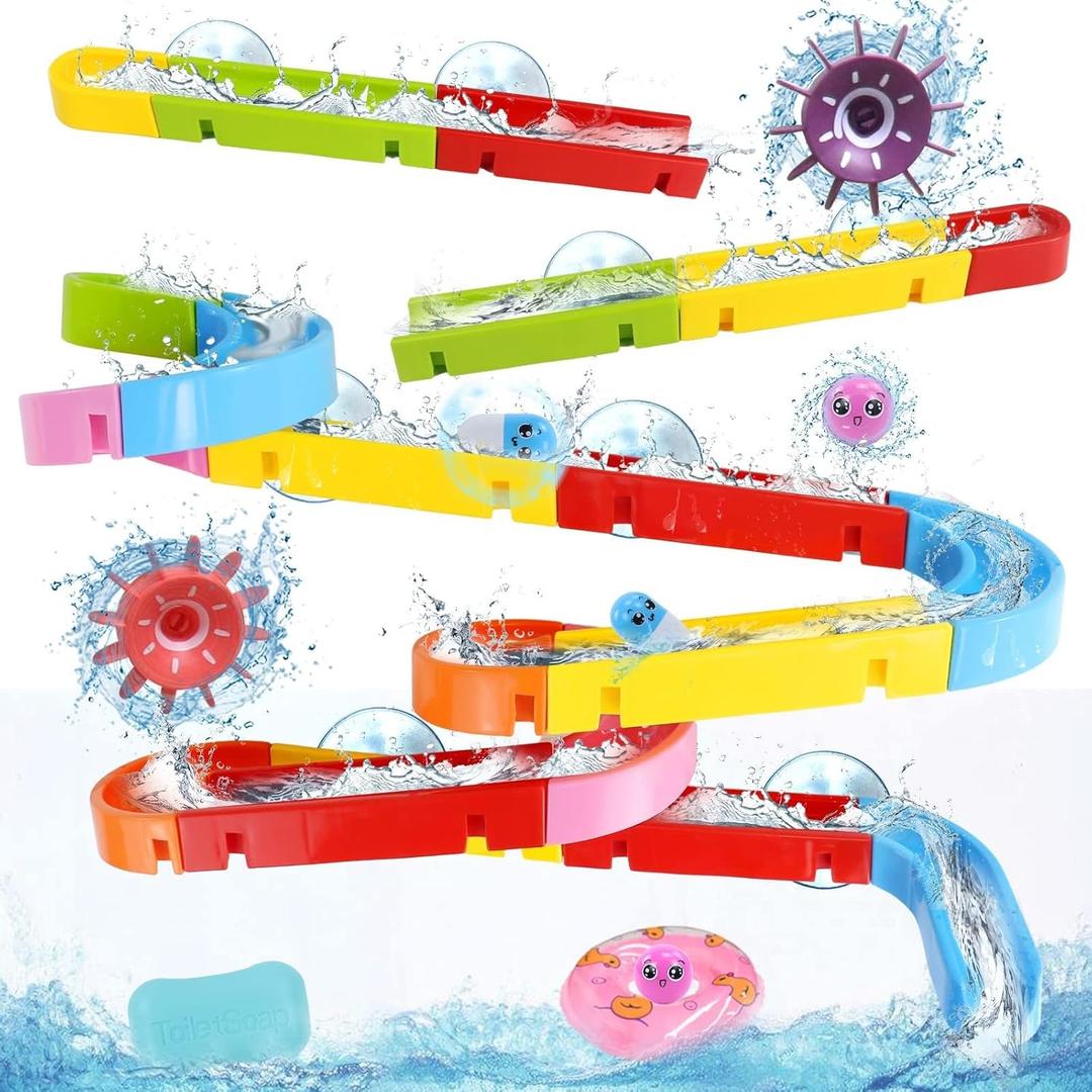 Fajiabao Toddler Bath Toys for Kids Ages 4-8 3-5 Educational Bath Toys with Spinner & Marble Run Water Track Slide Set Shower & Bathtub Toys for Kids Ages 4-8 7 6 Creative STEM Gift for Boys Girls