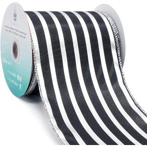 CT CRAFT LLC Black Satin with Silver Stripe Wired Ribbon 4 Inch x 10 Yards for Christmas Home Decor Tree Topper Bow Gift Wrapping DIY Crafts Wreath Garland