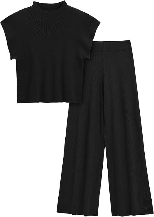 Imily Bela Women's 2 Piece Outfits Sweater Knit Sets Mock Neck Short Sleeve Tops Wide Leg Pants Casual Tracksuit (Large, Black)