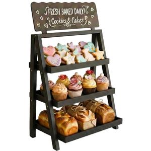 HOTCAN Foldable Wooden Cookie Display Stand for Bakers, Vendors, Market Booth, and Craft Fairs | 3 Tiered Cupcake Dessert Stand with Chalkboard Sign Ideal for Donuts, Cakes, Muffins & Pastries (White)